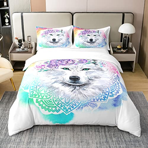 100% Natürliche Baumwolle Wolf Bettbezug 135x200,Bohemia Lotus Tie Dye Bettwäsche Set,Safari Tier Tröster Bezug für Kinder Jungen Mädchen,Indische Mandala Blume Wirbel Bett Sets mit1 Kissenbezug
