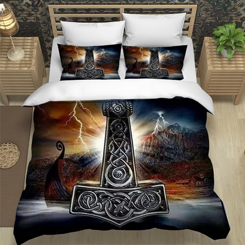 NESKX Vikings Bettwäsche Set 3Teilig,Jungen Bettwäsche Motiv Wikinger-Kriegerschiff Odins Runen 135X200 Mit 80X80 Kissenbezug,Bettbezug Mikrofaser Mit Reißverschluss Für Winter Sommer,Y6