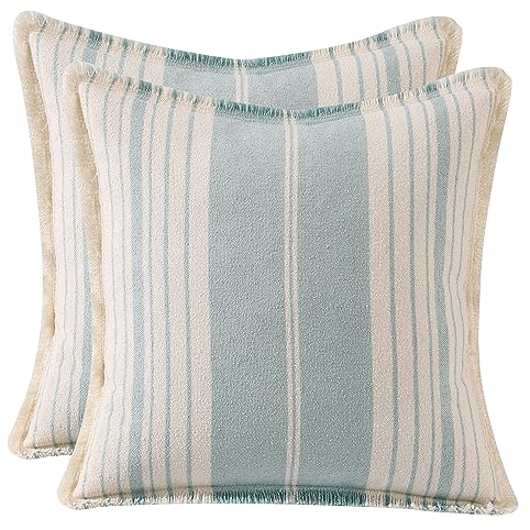 Tosleo 2er Set Boho Streifen Kissenbezug mit Quaste Weiche Baumwolle Leinen Kissenhülle 45x45 cm für Sofa Schlafzimmer Wohnzimmer Auto Dekor Kopfkissenbezug Blau