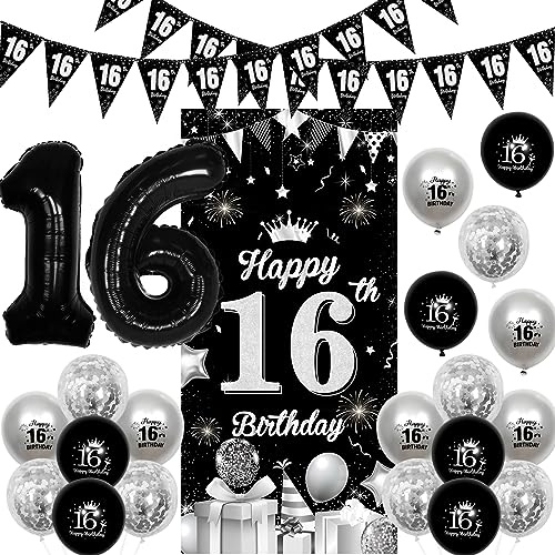 Fangleland 16th Birthday Decorations Black and Silver, Happy 16th Birthday Door Banner Triangle Flag Banner Balloons Number 16 Foil Balloons for Sweet Sixteen Bday Party Supplies