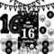 Fangleland 16th Birthday Decorations Black and Silver for Boys Girls, Happy 16th Birthday Door Banner Triangle Flag Banner Balloons Number 16 Foil Balloons for Sweet Sixteen Bday Party Supplies