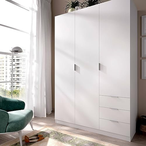 Dmora - Garde-Robe 3 Portes Cimone, Cintre pour Chambre, Armoire 3 tiroirs, 121x52h184 cm, Blanc