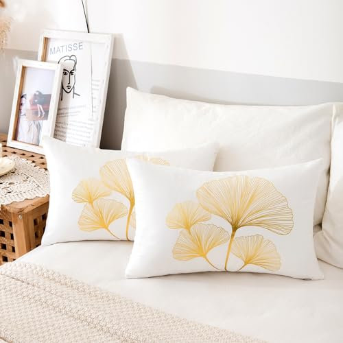2er Set Kissenbezug Sofa 30x50 cm Ginkgo Biloba Dekoration Kissenbezüge Samt Bequem Modern Kissenhüllen Kissenhülle für Schlafzimmer Wohnzimmer Sofa Weiß