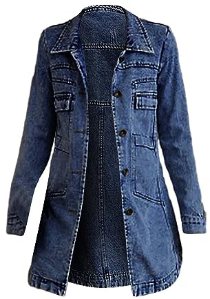 Veste en jean femme mi-longue mi-saison veste décontracté avec col à revers couleur unie