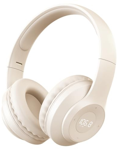 kamapulo X5 Rechargeable & Portable FM Radio Headphones with Best Reception, LED Display, Soft Ear Muffs, FM Headset Radio Receiver for Meeting, Works, Hiking, Jogging (Beige)