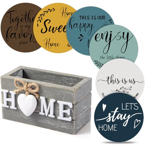Queekay Housewarming Gifts for Home Decoration Wooden Heart Coasters for Drinks 6 Set Farmhouse Coasters with Holder Funny for Family Coffee Table Protection, 4''(Modern Boho,Home)