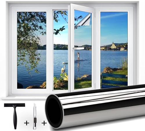 Guuteee(60X200cm Silber) UV-Schutz Sonnenschutzfolie Fenster innen oder außen/Spiegelfolie Fensterfolie Hitzeschutz/Rückstandslose Thermofolie Hitzeschutzfolie Fenster