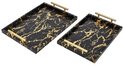 UPPER DECOR Modern Decorative Tray Set of 2 - Black and Gold Marble Wood Serving Tray with Gold Polished Metal Handles for Ottoman, Coffee Table, and More