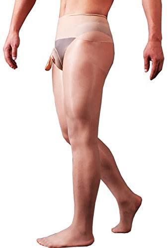 BESYFAY Herren Sexy 8 Den Ultradünne Öl Glänzend Nahtlose Strumpfhosen Durchsichtig Nylon Strumpfhose mit Penishülle