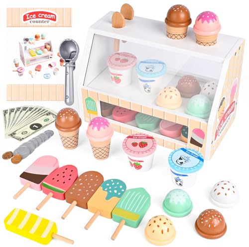 Euakee Heladería Niños de Madera, Accesorios de Cocina Infantil Tienda de Accesorios, Heladería Infantil Juego de rol Juguetes de Madera Juguete Montessori Regalo para Niños Niñas a Partir de 3 Años