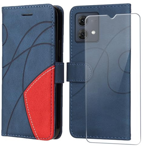FHSYCR Hülle für Motorola Moto G84 5G Leder Handyhülle mit Displayschutzfolie, mit Kartenfächer und Magnetverschluss, PU Flip Brieftasche Case Schutzhülle für Motorola Moto G84 5G - Blau