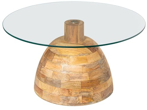 DRW Mesa de Centro Redonda de Cristal y Madera en Transparente y Natural 78x78x41 cm