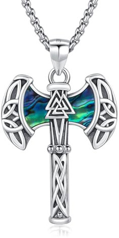MEDWISE Wikinger Axt Halskette 925 Sterling Silber Wikinger Keltisches Kette Axt Anhänger Abalone Muschel Kette Valknut Anhänger Schmuck für Damen Unisex Männer Herren Teenager Geschenke