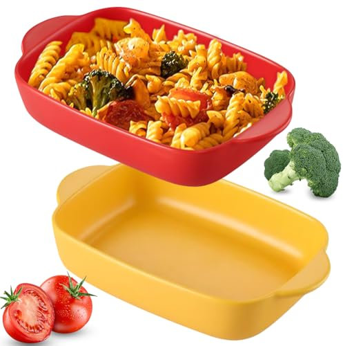 BEYGIH Lasagne Dish, 2PCS 9x5 inch Rectangular Baking Dishes with Handle, Nonstick Oven to Table Ceramic Individual Bakeware Ideal for Lasagne/Pie/Casserole/Pasta/Cakes - Red+Yellow Roasting Dish