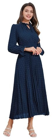 Odizli Herbstkleid Damen Elegant Langarm Swiss Dot Swing A Linie Plisseekleid Festlich Hochzeit Hochzeitsgast Lang Abendkleid Herbst Freizeitkleid Winterkleid Damenkleid Midikleid Dunkelblau M