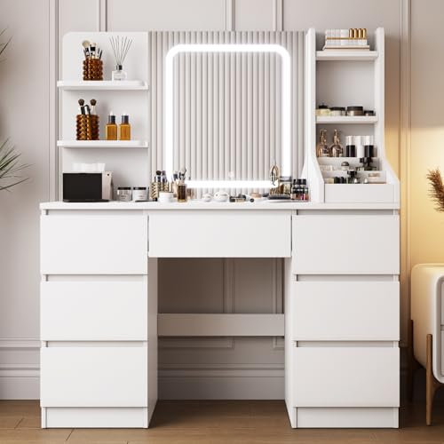 TRIUMPHKEY Schminktisch mit LED Beleuchtung,Einstellbarer Helligkeit,Frisiertisch mit Spiegel,Moderner Kosmetiktisch mit 7 Schubladen, 4 Ablagen und 3 offenen Fächern für das Schlafzimmer