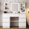 TRIUMPHKEY Dressing Table, Vanity Desk with Large Lighted Mirror, Adjustable Brightness, Modern Vanity Table with 7 Drawers, 4 Shelves and 3 Open Compartments for Bedroom, 110x40x139cm, White