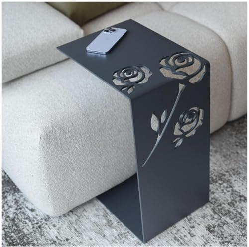 Table d’appoint design en forme de C – Acier thermolaqué de haute qualité – Élégante table de canapé, table de chevet ou bout de canapé – Motif floral moderne – Idéale pour salon ou chambre
