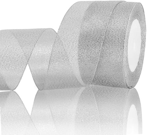FQTANJU 2 inch Wide Silvery Glitter Ribbon, 25 Yards Sparkly Metallic Fabric Ribbon Roll for Gift Wrapping, Floral Bouquet, Wedding Birthday Christmas Party Decoration and Crafts