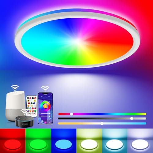 Peasur Smart RGB LED Ceiling Light Dimmable, 24W 3000K-6500K Bathroom Light 16 Million Colors Changing with Remote and APP Control, 30CM Ceiling Lamps for Bedroom, Living Room, Kitchen