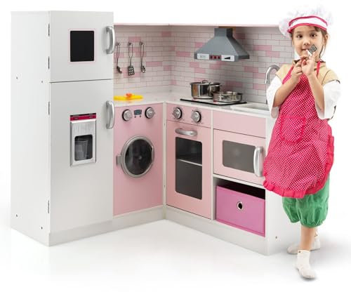 FANTASK Eck Spielküche für Kinder mit Sound und Licht, Kinderküche aus Holz, inkl. Schürze und Spielzubehör, rollenspielküche küchenspielset, für Kinder ab 3 Jahren (Rosa)
