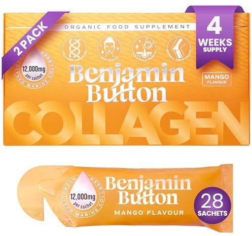 Benjamin Button Marine Collagen Liquid Sachet w/Hyaluronic Acid & Vitamin C | for Hair, Skin, Nails & Joints | 12,000mg High Strength Hydrolysed Collagen (Mango, 28x Sachets)