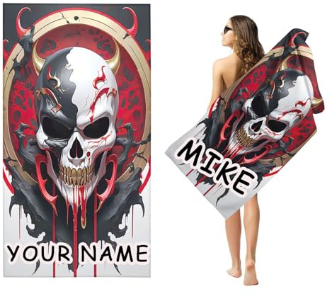 Goplnma Personalisiert Skull Strandtuch Mit Namen, Totenkopf Handtuch mit Namen Badetuch für Jungen, Mikrofaser Gotisch Skull Strandtuch Groß 90x180cm Badetuch Handtuch für Strand (100 x 200 cm,1)