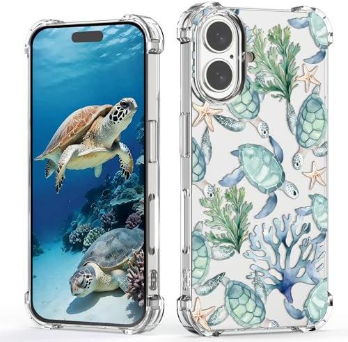 XIMIZU Clear Case For iPhone 16 Plus Turtles, Pretty Sea Design Girly Women Four Corner Reinforced Anti-shock Bumper Protector Transparent Cover Case for iPhone 16 Plus Kids