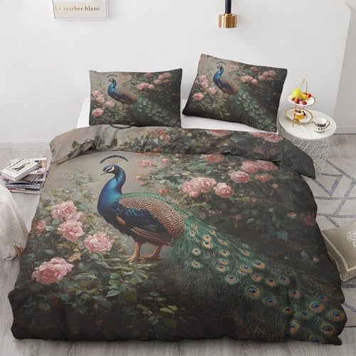 NIYAKA Bettwäsche Pfau 135x200 - Asiatische Blumen Wendebettwäsche, 110gsm Mikrofaser, Weiche & Kuschelige & Bügelfreie Bettbezug 2er Set, 1 Kopfkissenbezug 80x80, mit Reißverschluss