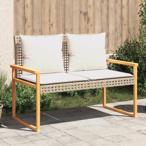 JHQHSM Gartenbank mit Kissen, Gartenmöbel Bank Sitzbank Outdoor Bank im freien Gartenbank wetterfest Geeignet für Hinterhof Pool Terrasse Garten Beige Poly Rattan Akazienholz