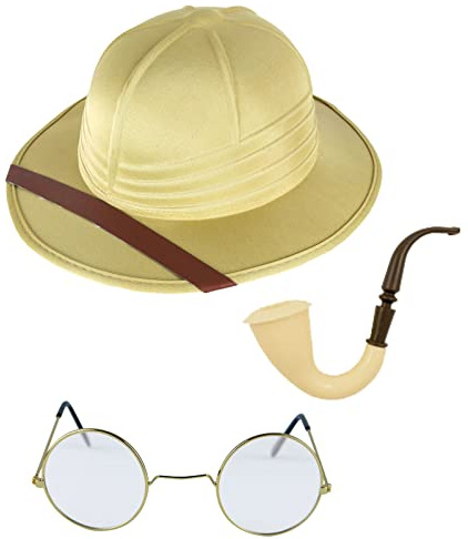 labreeze Erwachsene Explorer Safari Pith Helm Hut Runde Rahmen Brille & Fake Smoking Pipe - Abenteurer, Jäger & Reisende Kostüm Set