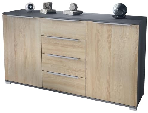 Vladon Sideboard Linio V1, Anrichte mit 2 Türen und 4 Schubladen, Anthrazit matt/Eiche sägerau (138,5 x 75,5 x 35 cm)