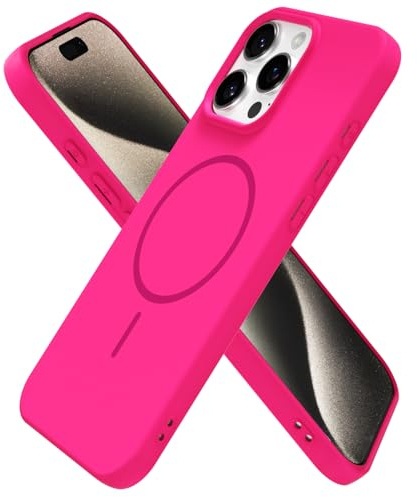 oakxco for iPhone 15 Pro Max Case Silicone Mag Safe, Magnetic Slim Thin Phone Case Compatible with Magsafe Wireless Charging, Cute Girly Bright Fluorescent Rubber Gel for Women Girls, Neon Hot Pink