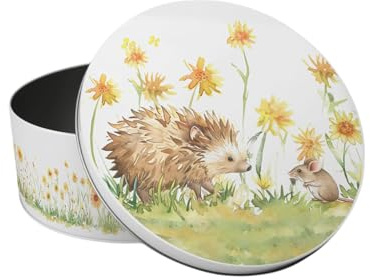 Purely Home Hedgehog & Mouse Small Cake Tin - Wildlife Themed Kitchen Gifts for Animal Lovers - Round Metal Storage Container for Baking 18 x 7cm