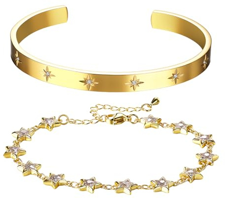 JewelryWe 2er Set Stern Armband für Damen: 14K Vergoldet Edelstahl Sternen Offen Armreif Armspange mit Zirkonia Gold Verstellbare Armkette Elegant Schmuck Geschenk für Frauen