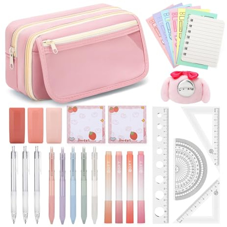 OPPZZIT 30 Stück Federmäppchen Mädchen, Kawaii Schreibwaren Set mit 1 Rosa Federmäppchen, 5 Gelstiften, 4 Textmarkern, 3 Druckbleistiften, Schulsachen Geschenke & Schulbedarf für Mädchen