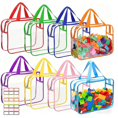 Clear PVC Toy Storage Bags: 8 Colors Toy Organizing Bags with Label Stickers Zipper Handle 11.8x3.9x8.6in Reusable Waterproof Storage Bag for Board Games Building Blocks Puzzles
