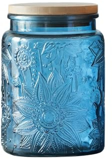 Hocadrv Vintage Glass Jar Glass Jar with Wooden Lid 700ml/24oz | Patterned Glass Jar Decorative Kitchen Jar for Coffee Candy Tea Cookies(Blue)