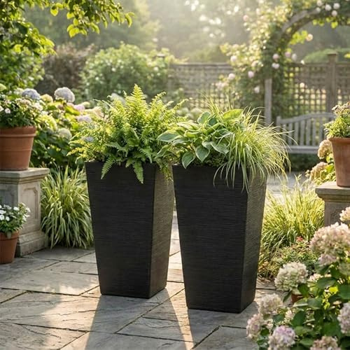 Nicoman 43.1L Tall Square Planter Pot, 61cm High Large Outdoor Plant Pot, 33 x 33 x 61cm Tapered Flower Pot, Modern Black Decorative Planter for Patio, Garden, Balcony & Entrance (Seagrass, Pack of 2)