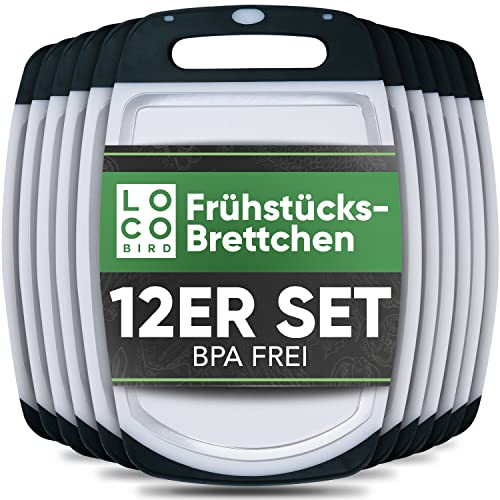 Loco Bird 12er Set Frühstücksbrettchen aus BPA freien Kunstoff - 22x14cm - Spülmaschinenfest - Schneidebretter mit rutschfesten Griff - Brettchen - Antibakterielles Frühstücksbrett