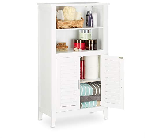 Relaxdays 10020919 Armoire de salle de bain sur pied LAMELL en bambou blanc meuble de rangement cuisine HxlxP: 92 x 50 x 25,5 cm