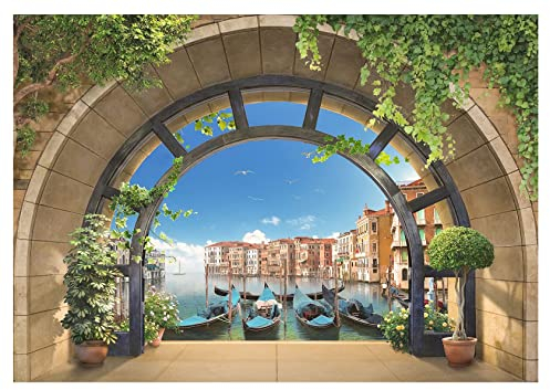 Forwall Fototapete 3D Italien Venedig Boote Fenster Aussicht Wohnzimmer Schlafzimmer Vlies Tapete Wandtapete UV-Beständig Hohe Auflösung Montagefertig (11511, V8 (368x254 cm) 4 Bahnen)