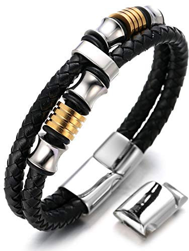Halukakah Plus ● Ehre ● Herren-Armband Handgefertigt | Echtleder in Schwarz | Magnetverschluss Edelstahl | Titan Perlen in Gold & Silber | KOSTENLOS Geschenkbox | Größe Einstellbar 21.5cm-23cm