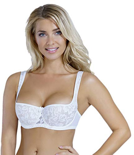 Rosme Women's Balconette Bra with Push Up Effect Plus Size Sexy Lace Demi Half Cup Bra Underwired Low Cut Mesh Bras, White, Size 36C