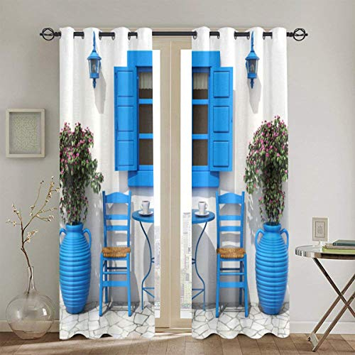 MAYUES Vorhang Blickdicht,Reise Dekor,traditionelles griechisches Design Urlaub Sommer Haus Blumen Fenster Bild,Wärmeisolierend Gardine 2er Set 130cmX180cm