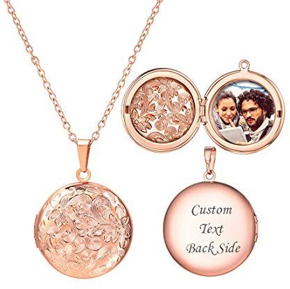 U7 Collier Médaillon Femme Plaqué Or Rose Porte Photo Pendentif Ouvrant avec Motif Dessins Décoratifs Chaîne Forçat Ajustable 50cm