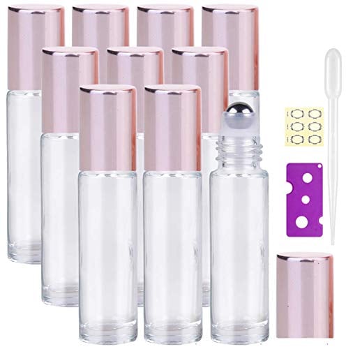 Alledomain 10Pcs, 10ml Essential Oil Roller Bottles Refillable Transparent Glass Roll on Bottles Clear Roll Bottles with Stainless Steel Balls & Rose Gold Cap, Include 12 Labels, Dropper & Opener