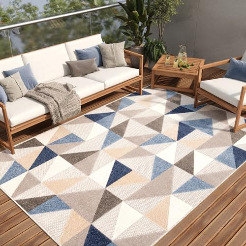TAPISO Patio Teppich Indoor Outdoor Grau Blau Geometrisch 200 x 300 cm | Robuster Teppich UV-beständig Flachgewebe Sisaloptik Wetterfest Terrasse Wintergarten Balkon OEKO-TEX