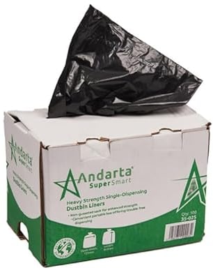 Andarta - Heavy Duty Black Bin Liners in Dispenser - Box of 100 (100L Capacity - Tear and Puncture Resistant - Made from Recycled Materials - Extra Strong Bin Bags - For Home Use and General Waste