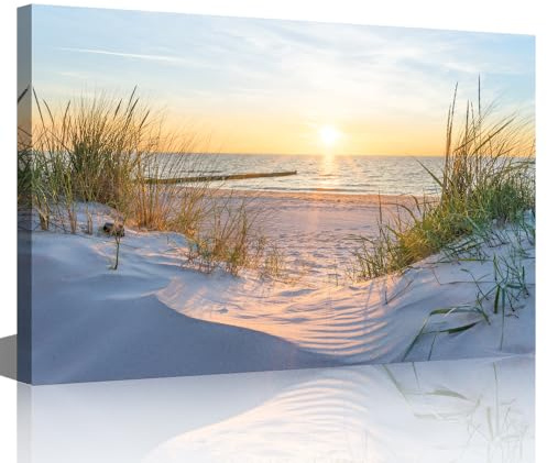 TISHIRON Wall Art Sandy Beach Sunrise Pictures Painting on Canvas Wall Art Modern Framed Seaside Canvas Prints Ready To Hang(18X12in)